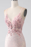 Glitter Pink Spaghetti Straps Sequins Beaded Mermaid Ball Dress with Slit