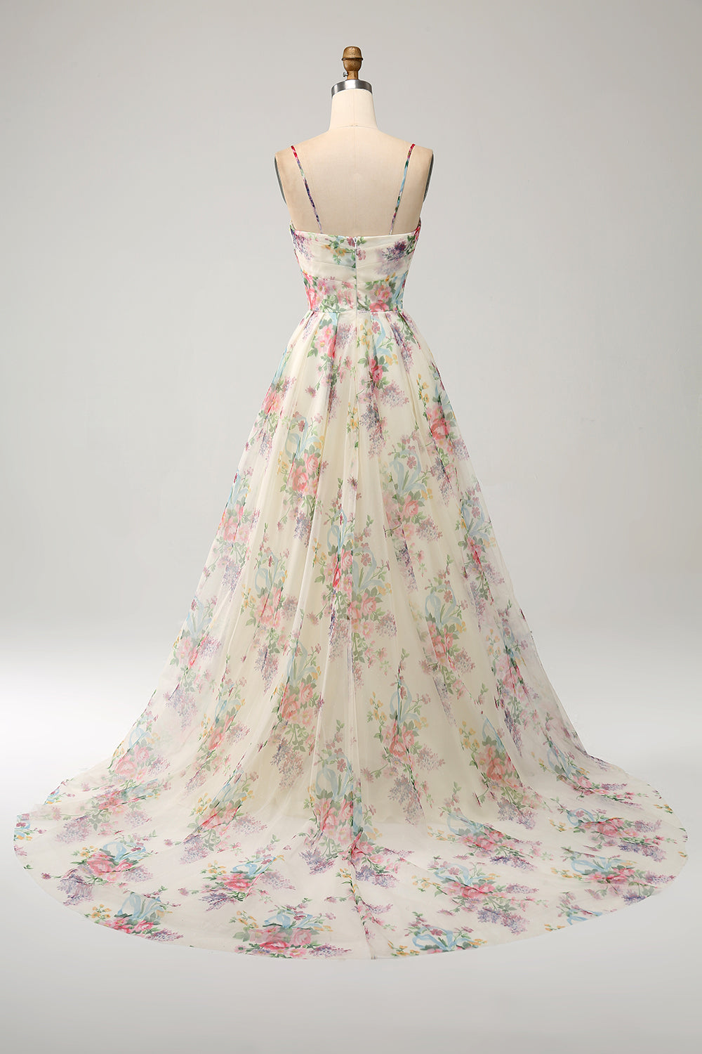 Ivory A-Line Spaghetti Straps Flower Printed Ball Dress with Slit