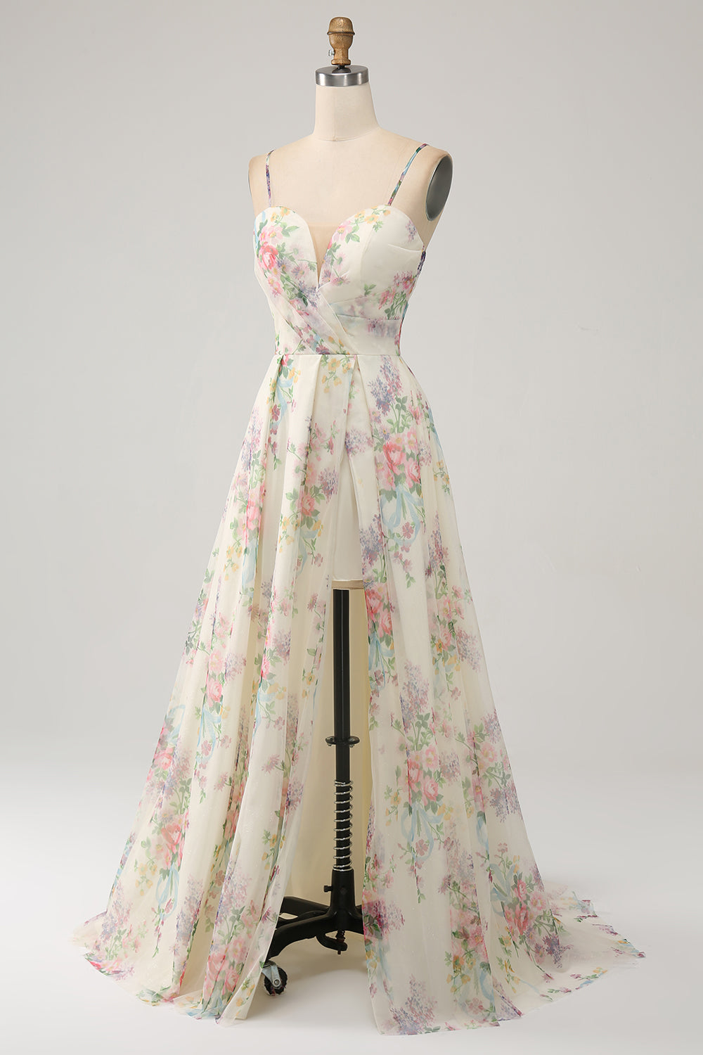 Ivory A-Line Spaghetti Straps Flower Printed Ball Dress with Slit