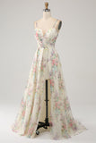 Ivory A-Line Spaghetti Straps Flower Printed Ball Dress with Slit