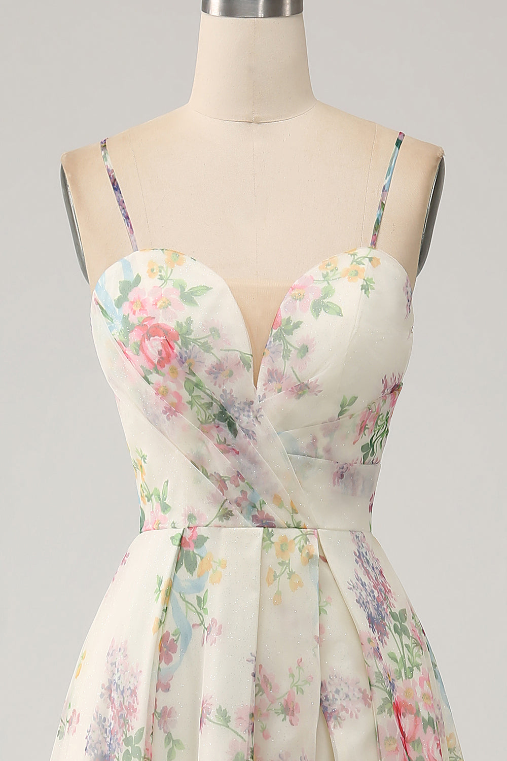 Ivory A-Line Spaghetti Straps Flower Printed Ball Dress with Slit