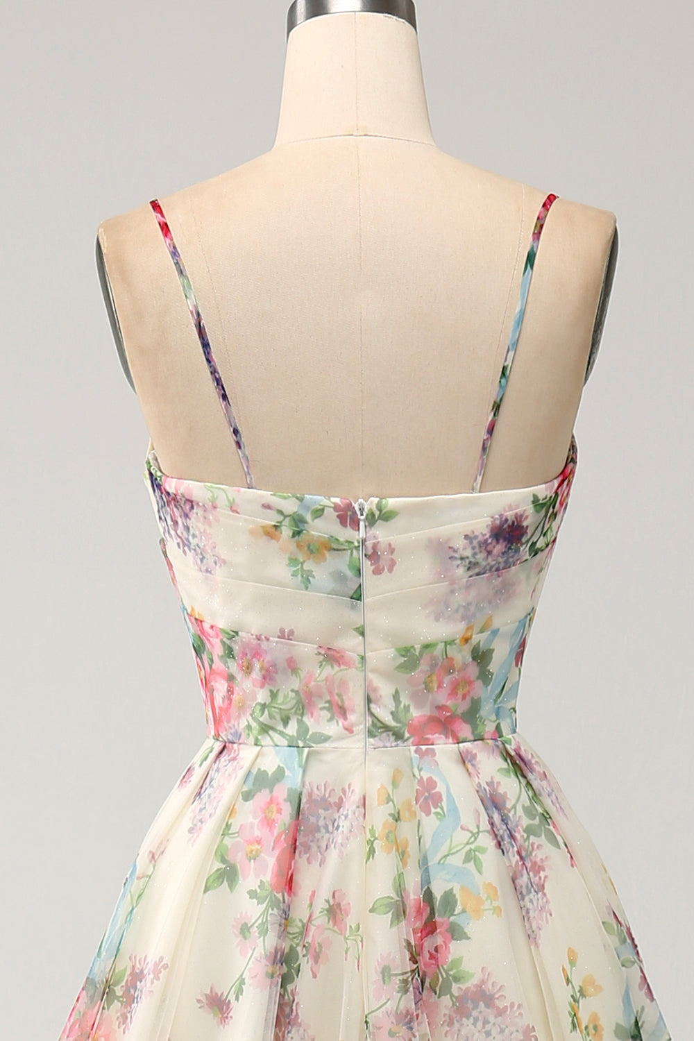 Ivory A-Line Spaghetti Straps Flower Printed Ball Dress with Slit