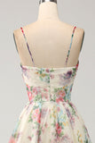 Ivory A-Line Spaghetti Straps Flower Printed Ball Dress with Slit