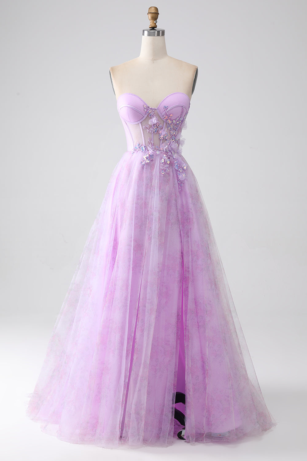 Lavender A-Line Sweetheart Printed Strapless Corset Ball Dress with Beading