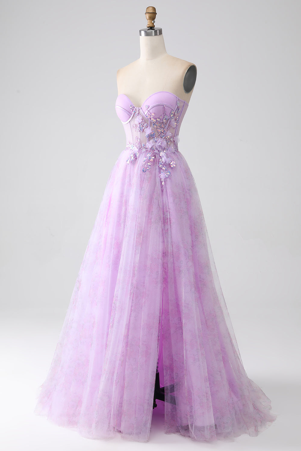Lavender A-Line Sweetheart Printed Strapless Corset Ball Dress with Beading