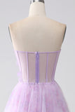 Lavender A-Line Sweetheart Printed Strapless Corset Ball Dress with Beading