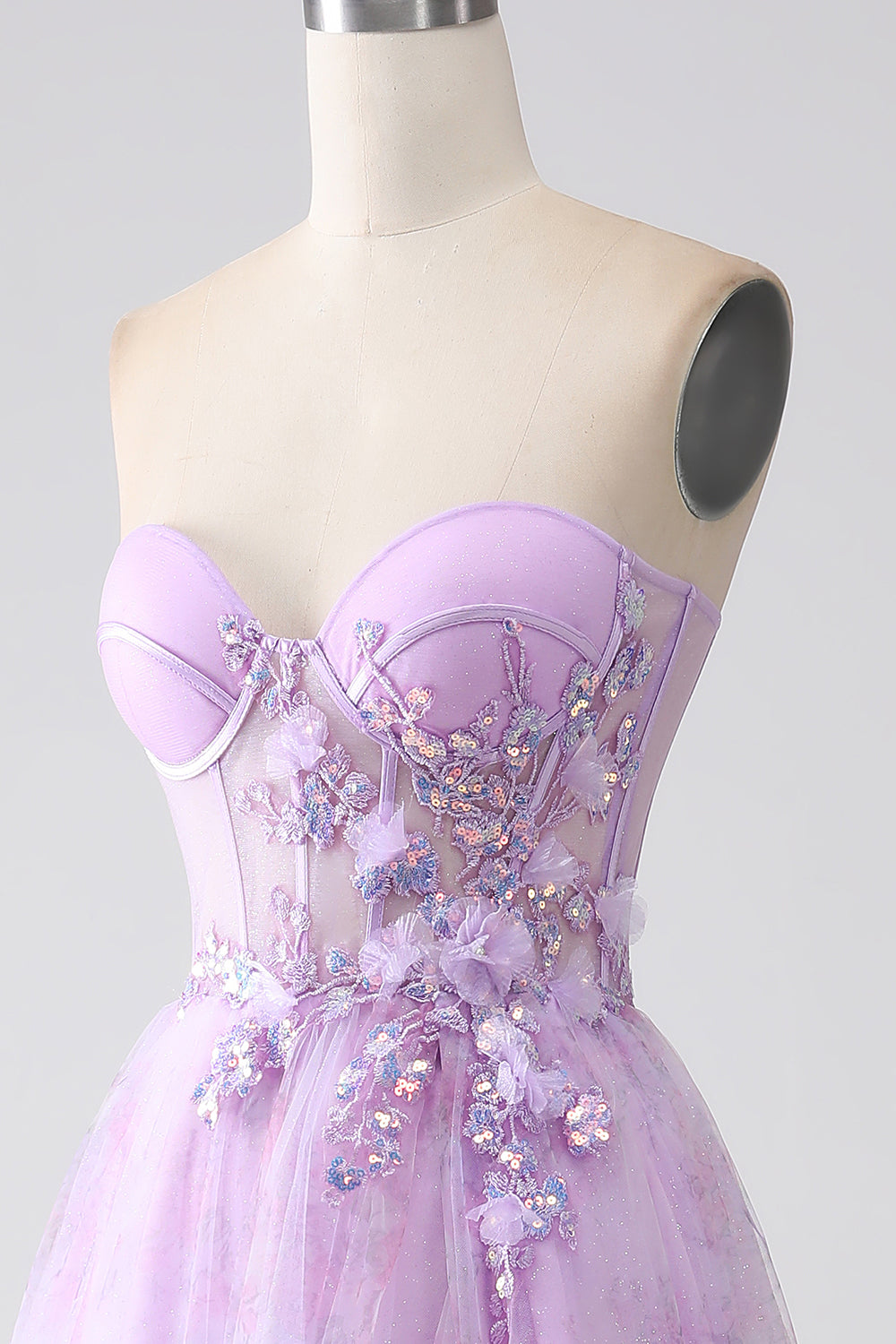 Lavender A-Line Sweetheart Printed Strapless Corset Ball Dress with Beading