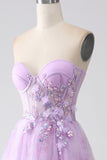 Lavender A-Line Sweetheart Printed Strapless Corset Ball Dress with Beading