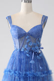 Blue A Line Off The Shoulder Printed Tulle Corset Ball Dress