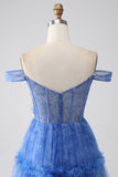 Blue A Line Off The Shoulder Printed Tulle Corset Ball Dress
