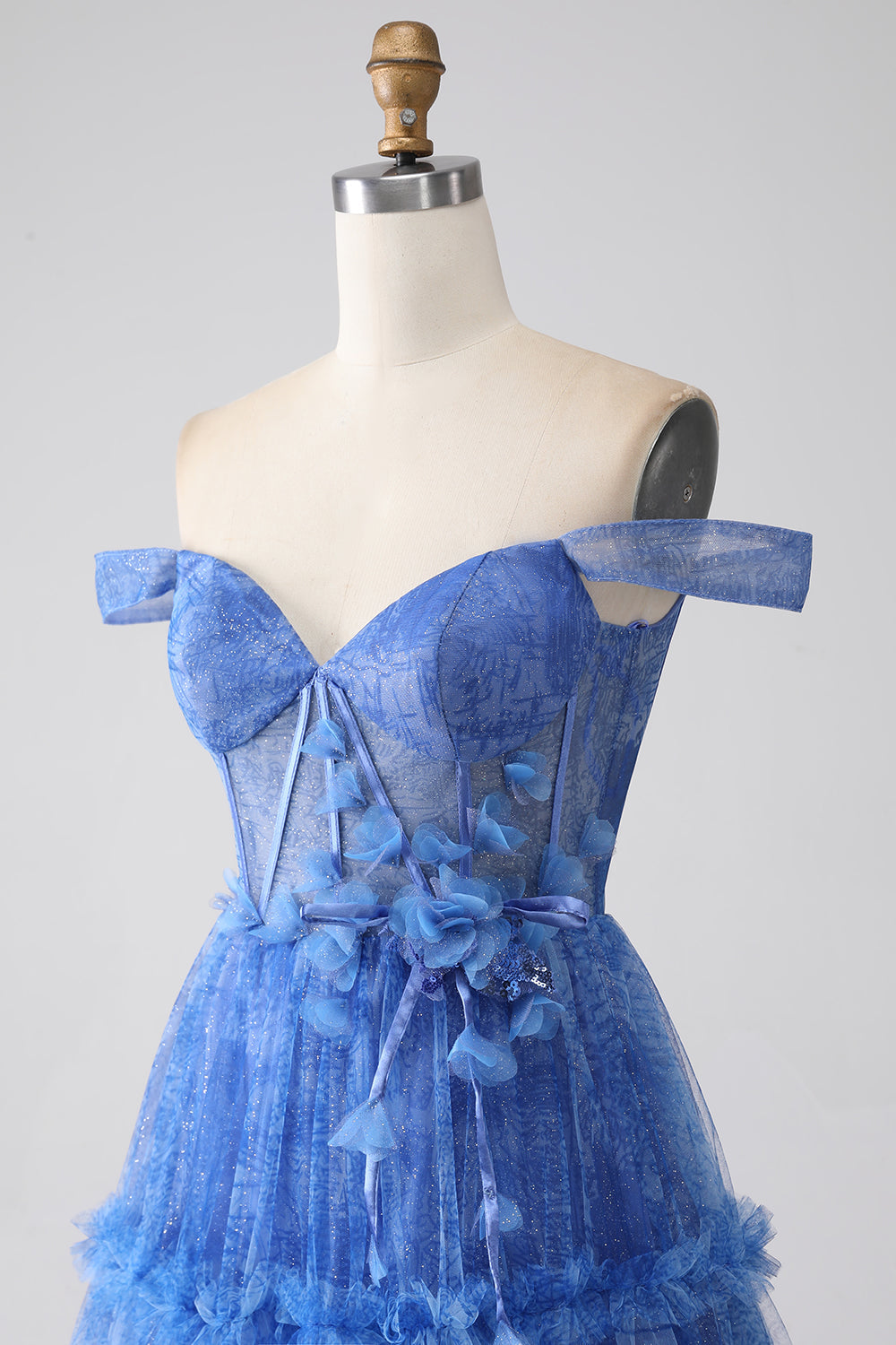Blue A Line Off The Shoulder Printed Tulle Corset Ball Dress