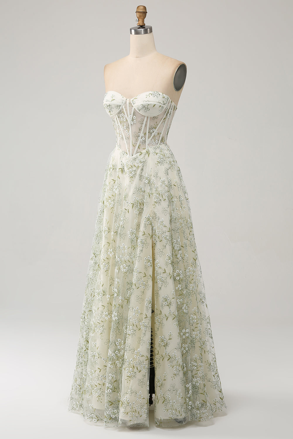 Light Green A-Line Sweetheart Corset Embroidered Ball Dress with Slit