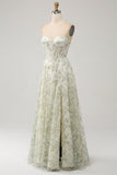 Light Green A-Line Sweetheart Corset Embroidered Ball Dress with Slit