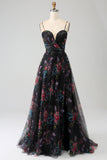 Black A Line Spaghetti Straps Printed Long Ball Dress with Slit