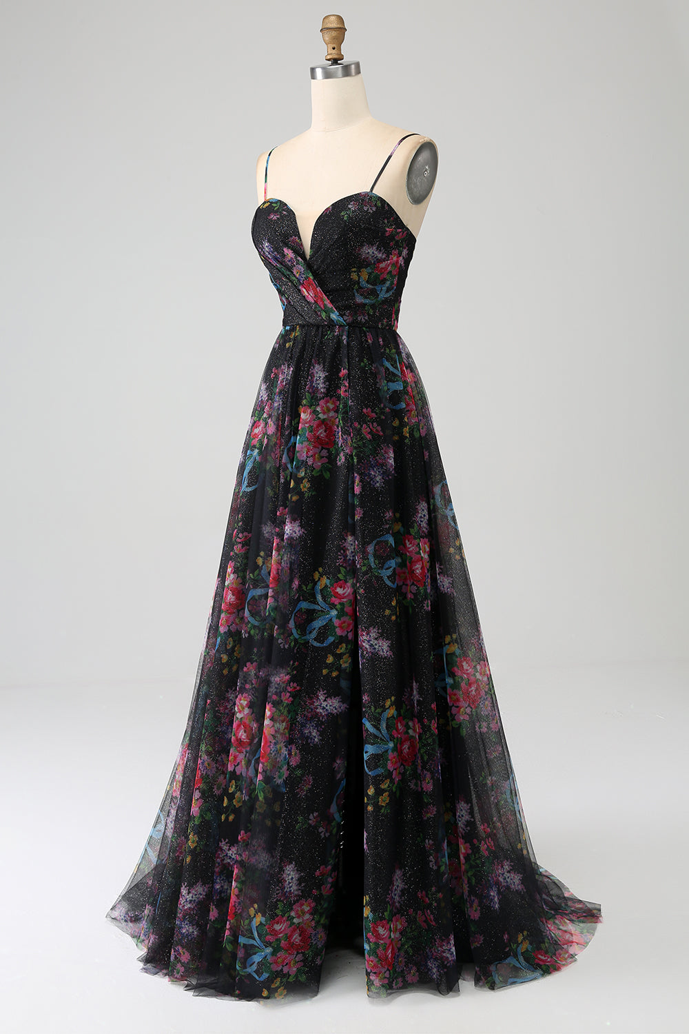 Black A Line Spaghetti Straps Printed Long Ball Dress with Slit