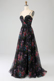 Black A Line Spaghetti Straps Printed Long Ball Dress with Slit