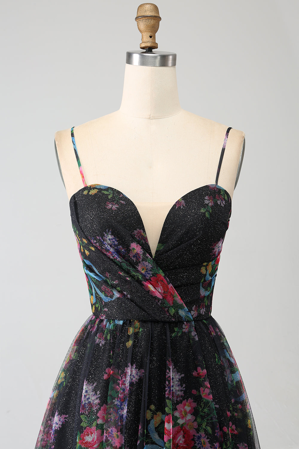Black A Line Spaghetti Straps Printed Long Ball Dress with Slit