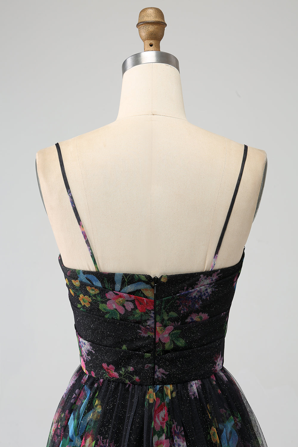 Black A Line Spaghetti Straps Printed Long Ball Dress with Slit