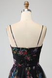 Black A Line Spaghetti Straps Printed Long Ball Dress with Slit