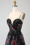 Black A Line Spaghetti Straps Printed Long Ball Dress with Slit