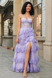 Princess A Line Sweetheart Lavender Corset Ball Dress with Tiered Lace