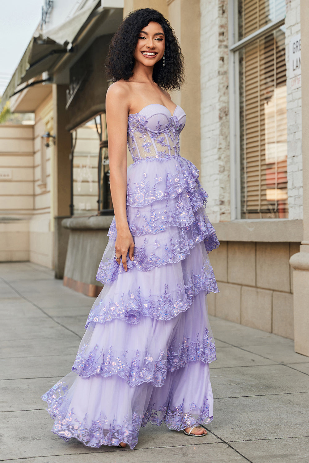 Princess A Line Sweetheart Lavender Corset Ball Dress with Tiered Lace