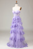 Lavender Strapless Tiered Tulle Corset Ball Dress with Appliques