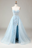 Corset Blue Strapless A Line Ball Dress with Slit