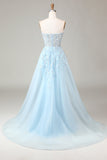 Corset Blue Strapless A Line Ball Dress with Slit