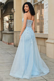 Charming A Line Sweetheart Blue Corset Ball Dress with Beading Slit