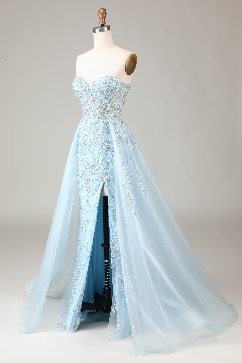 Corset Blue Strapless A Line Ball Dress with Slit