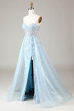 Corset Blue Strapless A Line Ball Dress with Slit