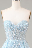 Corset Blue Strapless A Line Ball Dress with Slit