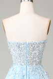 Corset Blue Strapless A Line Ball Dress with Slit