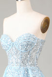Corset Blue Strapless A Line Ball Dress with Slit