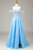 Blue A Line Princess Off the Shoulder Corset Ball Dress with Slit