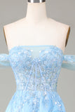 Blue A Line Princess Off the Shoulder Corset Ball Dress with Slit