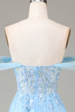 Blue A Line Princess Off the Shoulder Corset Ball Dress with Slit