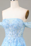 Blue A Line Princess Off the Shoulder Corset Ball Dress with Slit