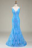 Sparkly Blue Mermaid Deep V-Neck Long Ball Dress