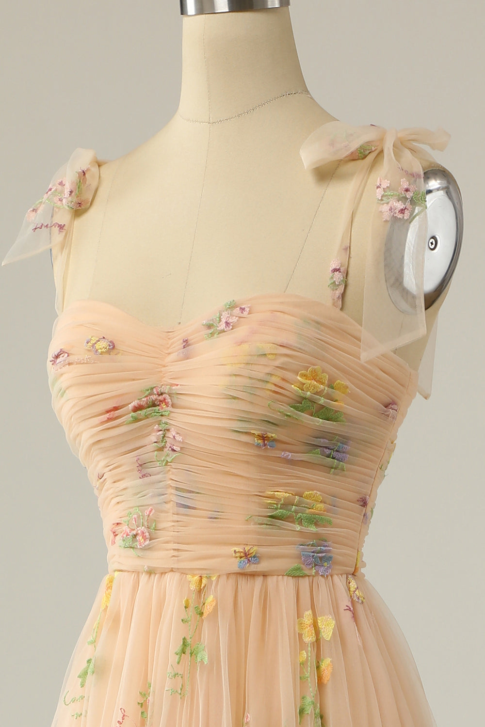 Popular Champagne Floral Embroidery Formal Long Dress