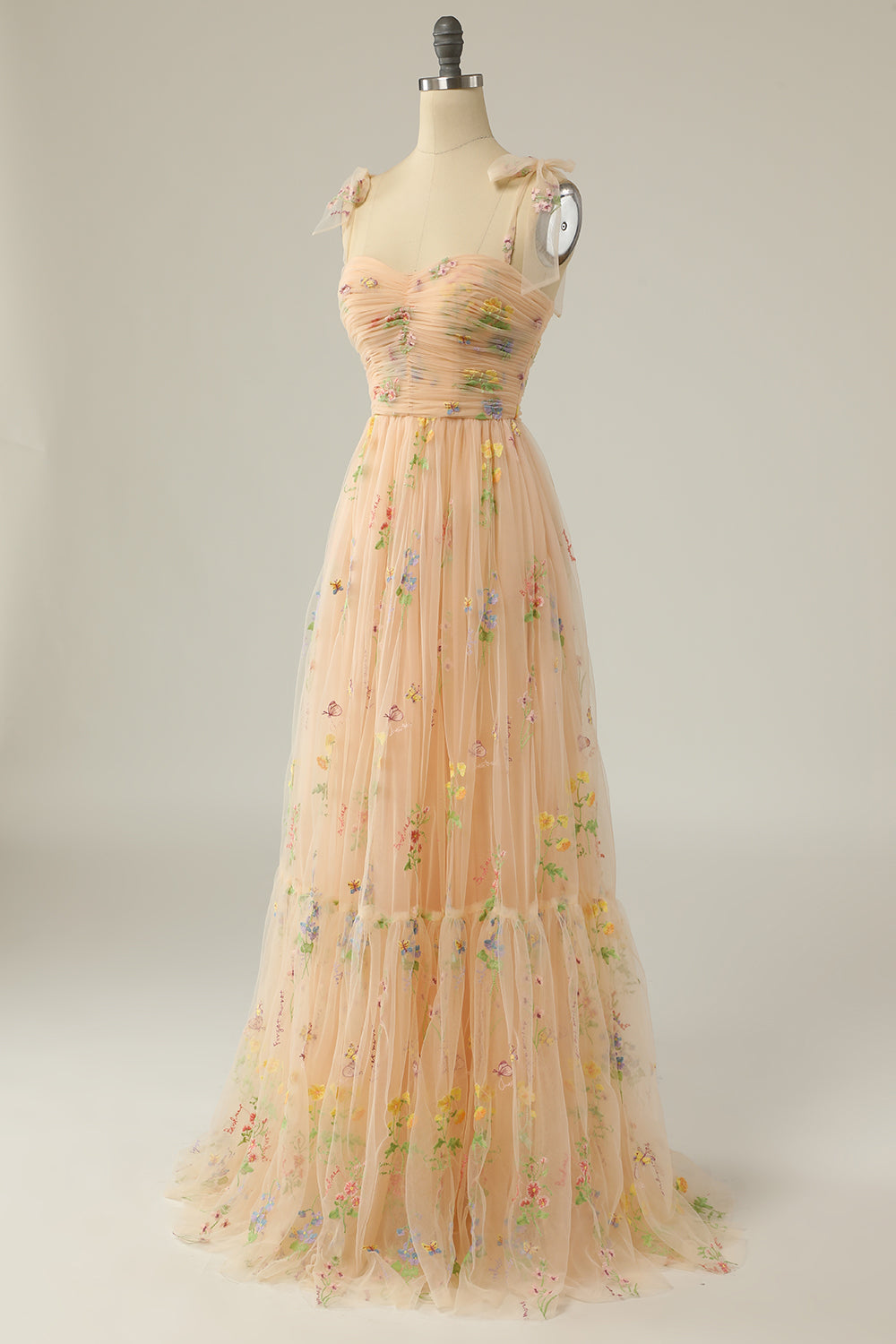 Popular Champagne Floral Embroidery Formal Long Dress