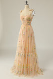 Popular Champagne Floral Embroidery Formal Long Dress