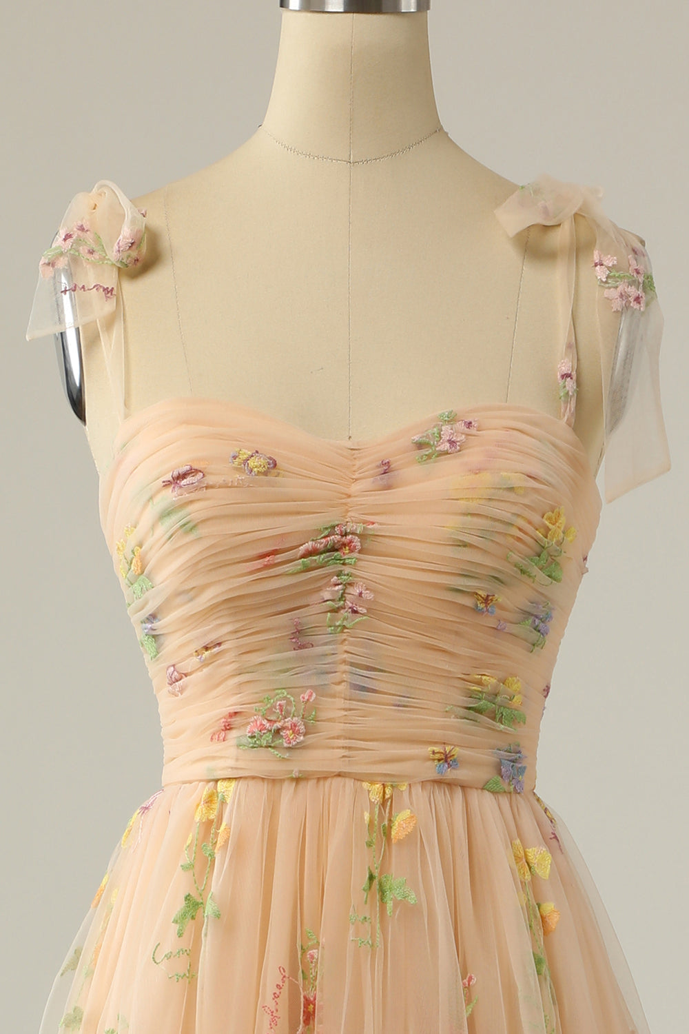 Popular Champagne Floral Embroidery Formal Long Dress