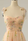 Popular Champagne Floral Embroidery Formal Long Dress