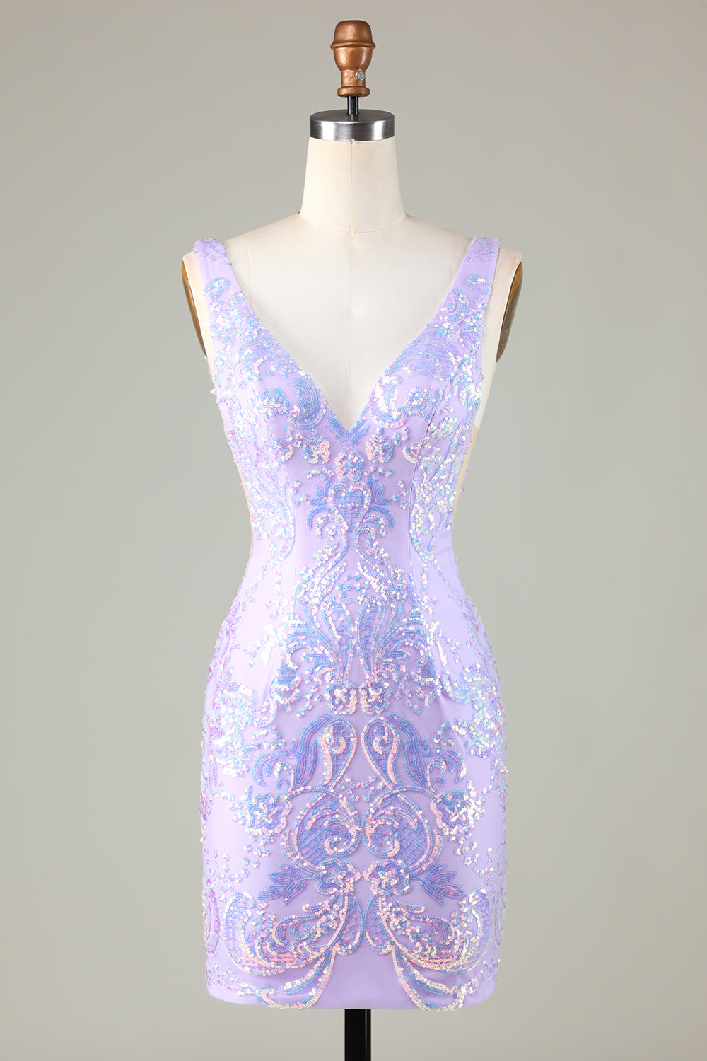 Lavender Sparkly Tight Short Ball Dress with Backless