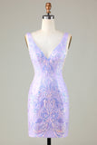Lavender Sparkly Tight Short Ball Dress with Backless