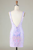 Lavender Sparkly Tight Short Ball Dress with Backless