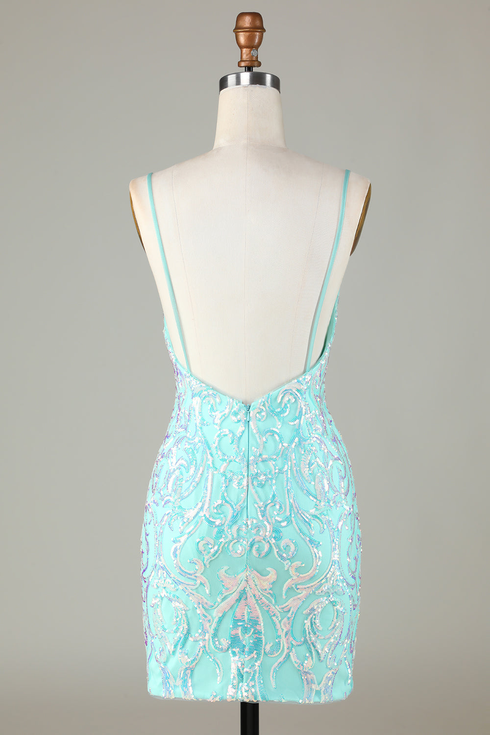 Sparkly Tight Spaghetti Straps Green Short Ball Dress with Backless
