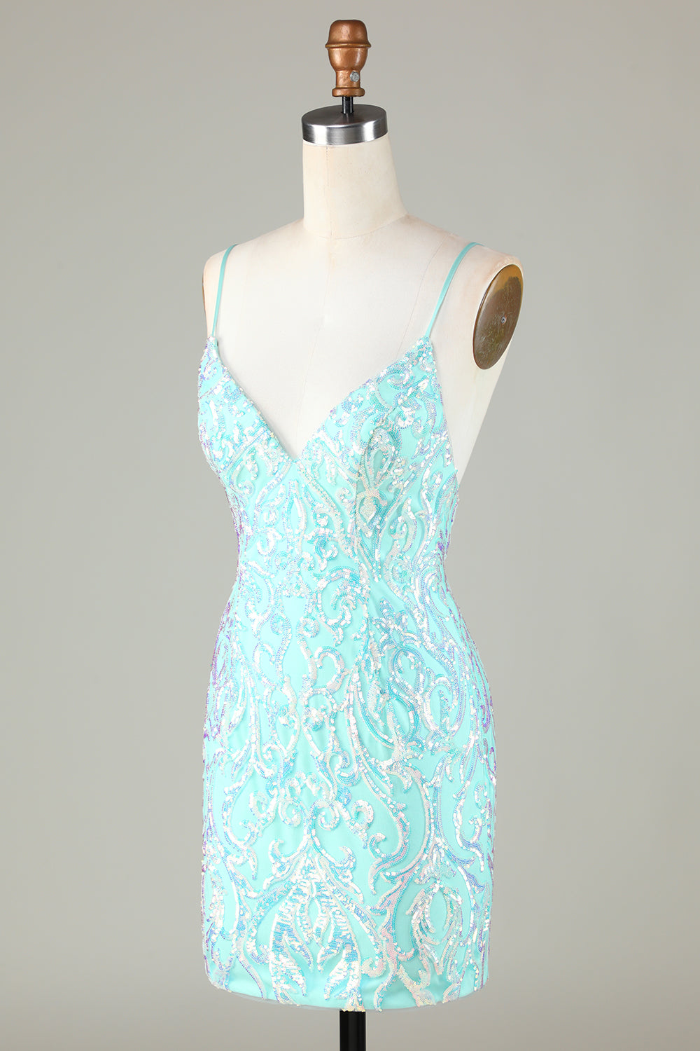 Sparkly Tight Spaghetti Straps Green Short Ball Dress with Backless